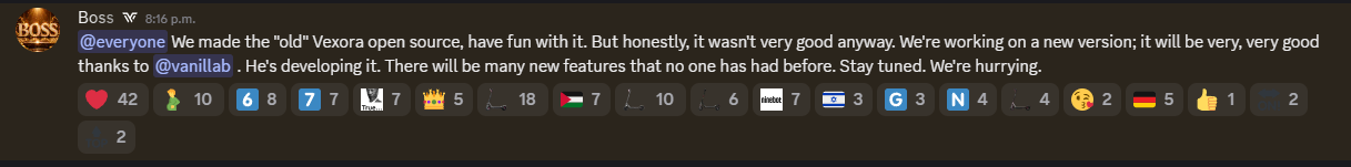 Discord message by Boss: "We made the old Vexora open source, have fun with it. But honestly, it wasn't very good anyway. We're working on a new version thanks to vanillab"